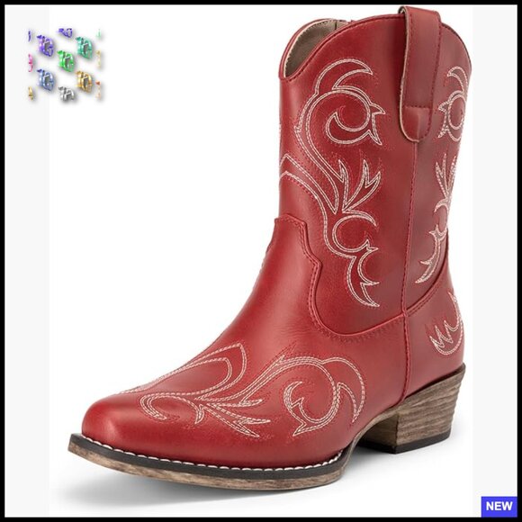 Western Ankle Boots Embroidered Stitched Square Toe Chunky Heel Fashion Booties